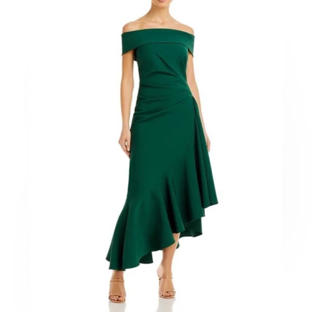 NWOT Eliza J Off the Shoulder Asymmetric Ruffle Cocktail Dress Emerald Sz 12